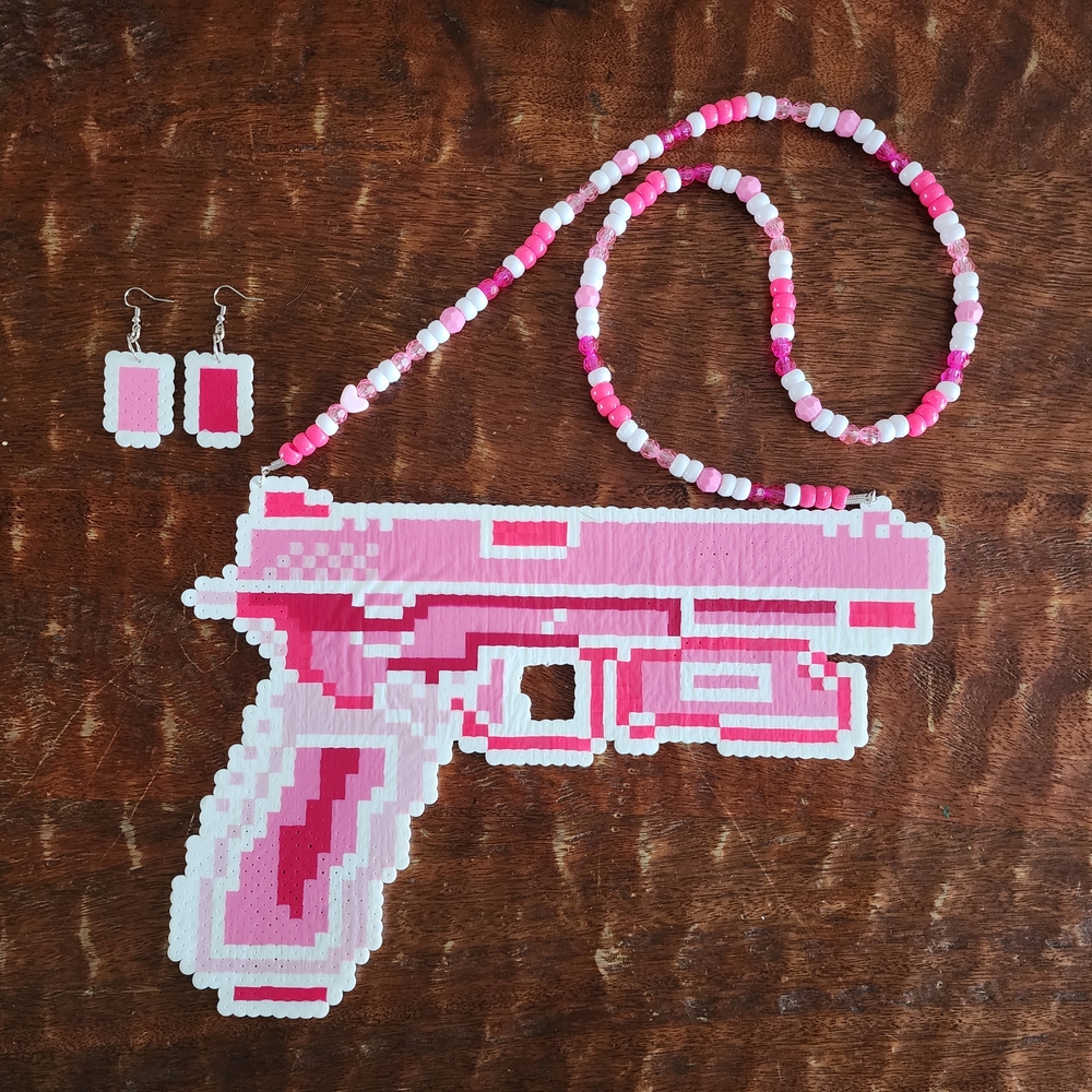 Pink Plastic Perler Necklace & Earrings - Festivalwear Ravewear